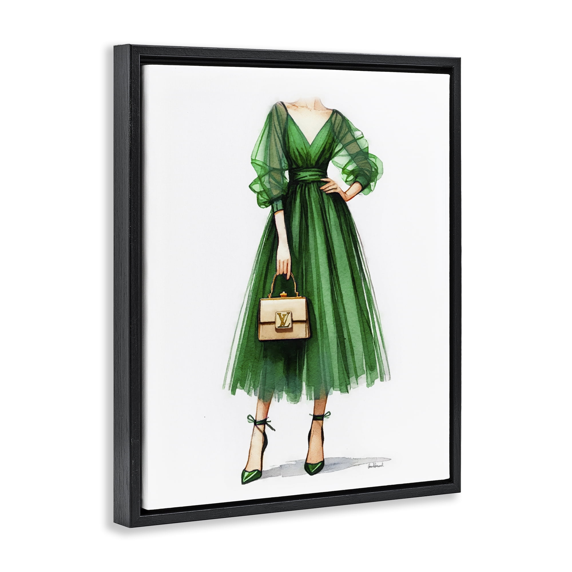 Stupell Industries Green Gown Fashion Girl Fashion Painting Black Floater Framed Canvas Art Print Wall Art, 17 x 21