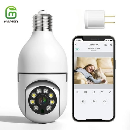 MAMON E27 Light Bulb Camera 1080P WiFi Surveillance Camera Two Way Talk 360 Degree Panoramic Smart Home Security Wireless Smartbulb Camera CCTV Night Vision