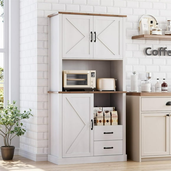 Modern Kitchen Pantry Cabinet with Microwave Stand, Tall Kitchen Hutch with Drawers & Adjustable Shelves, Large Wood Storage Cabinet for Dining Room, Living Room