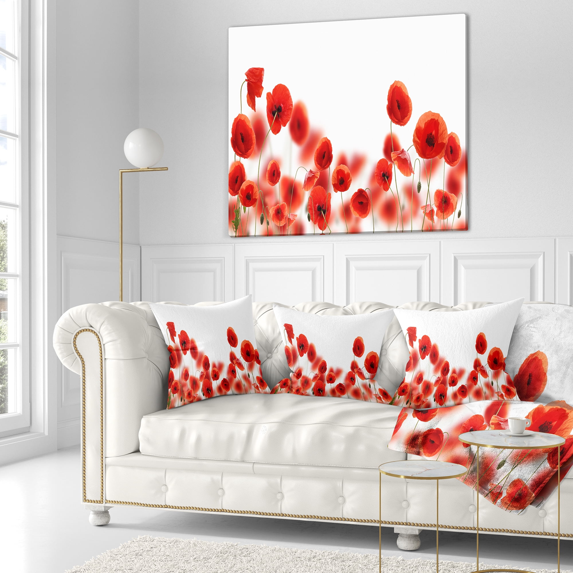 Designart Lovely Poppy Flowers on White - Floral Throw Pillow - 16x16