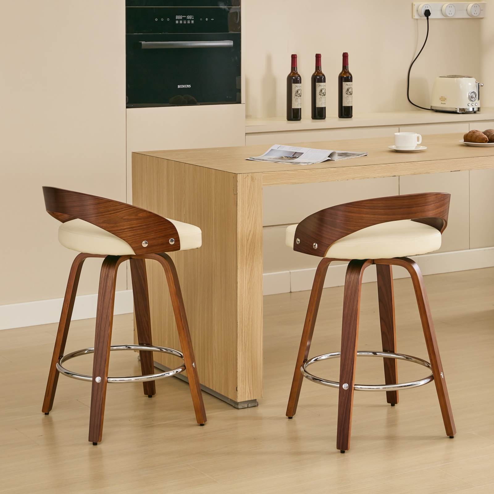 MAYEERTY Swivel Bar Stools - Low Back, Wood Frame, Soft Cushion, 25 Inch Seat Height, Beige, Set of 2