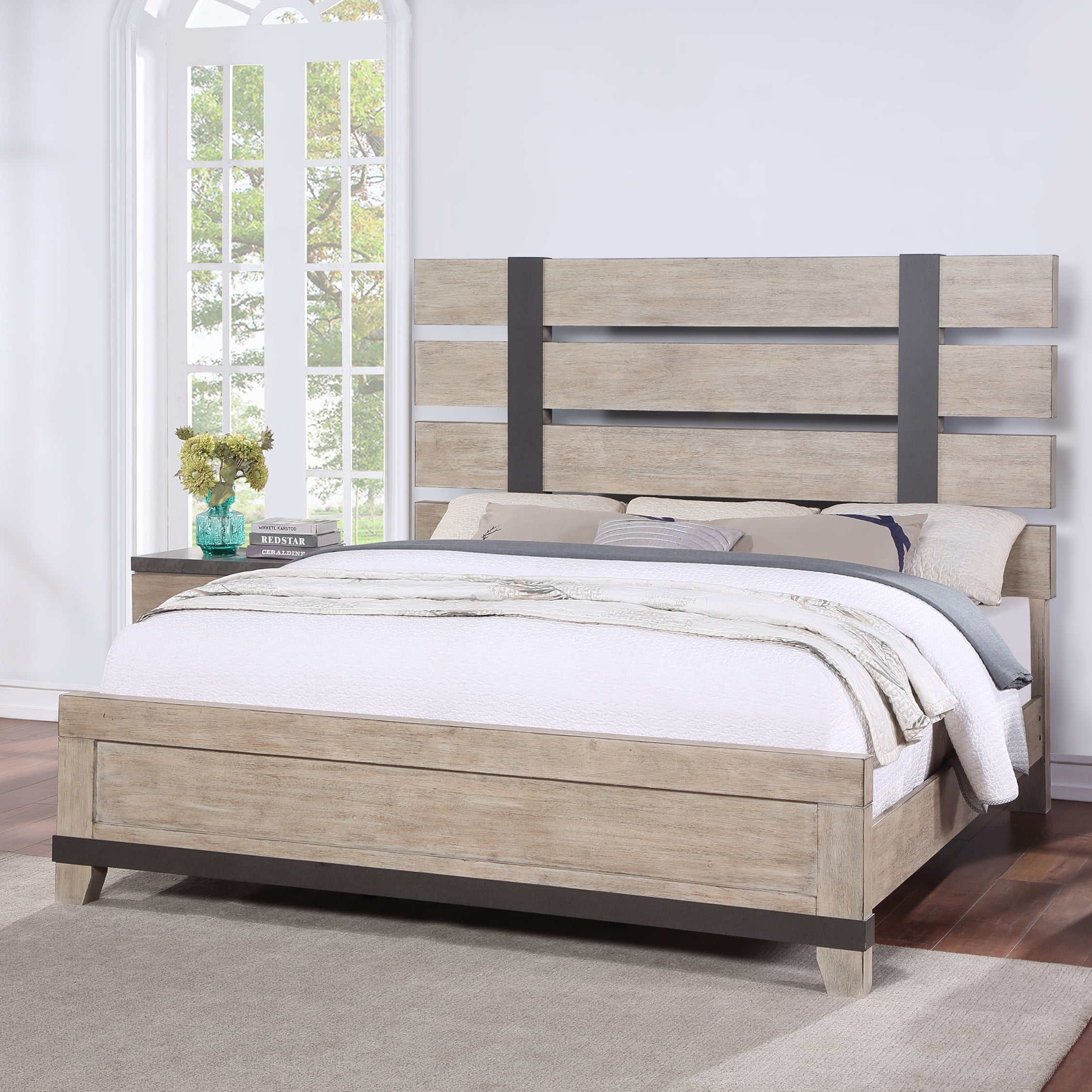 Arbela Wood Slatted Panel Bed with Dresser, Mirror, and Two Nightstands, King, Weathered Oak Finish