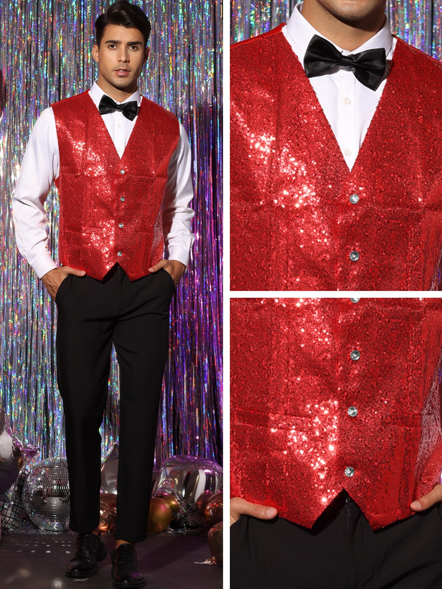 Unique Bargains Men's Sequin V-Neck Sleeveless Disco Sparkly Waistcoat Suit Vest L Red