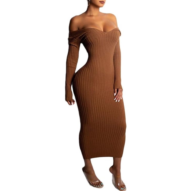Vestido tipo jersey para mujer, vestido de punto, vestido de moda, manga larga, hombros descubiertos, escote en V, vestido de fiesta liso, vestido deportivo informal, vestido tipo jersey