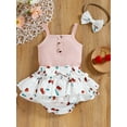 thumbnail image 3 of Seyurigaoka 3Pcs Baby Girls Summer Sets, Solid Color Romper + Fruit Print Skirt Hem Shorts + Headdress, 3 of 8