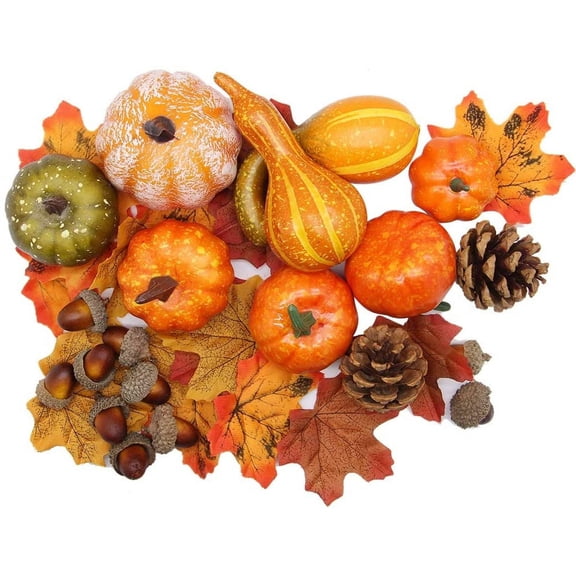 Thanksgiving Artificial Pumpkins Fall Decorations for Home, 50Pcs Fall Decor- 30 Fall Leaves, 10 Acorns, 2 Pinecones, 8 Fake Pumpkins, Harvest Farmhouse Table Tiered Tray Decorations Set
