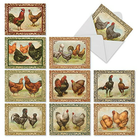 'M2351TYG CARD-A-DOODLE-DO' 10 Assorted Thank You Note Cards Featuring Beautiful Vintage Styled Hens and Roosters with Richly Colored Patterns and Background Swirls with Envelopes by The Best Card