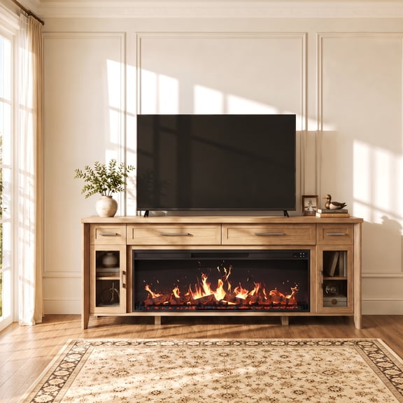 BELLEZE 74 Inch Rustic TV Stand with 48" Electric Fireplace, Extra Large Entertainment Center With Storage Cabinets & 4 Drawers, Media Console Table For Living Room Bedroom (Camel)