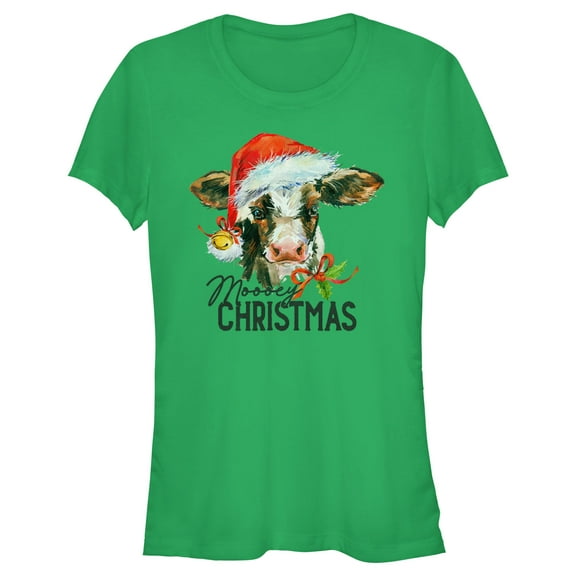 Junior's Lost Gods Moooey Christmas Cow  Graphic Tee Kelly Green X Large