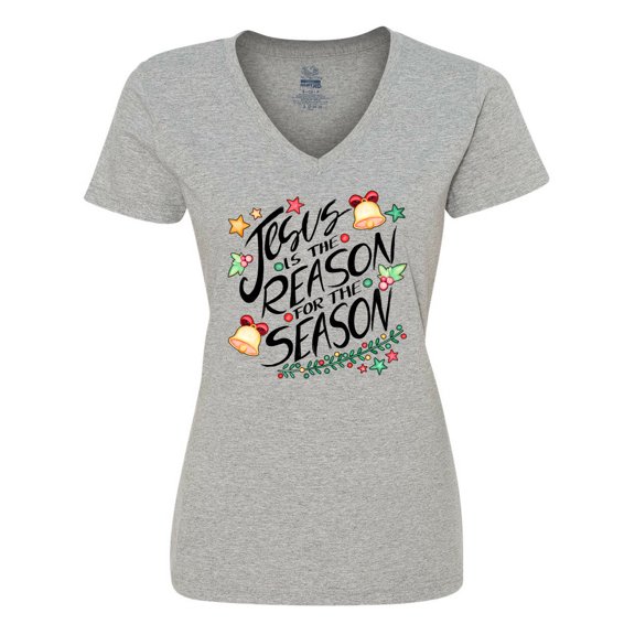 Inktastic Jesus is the Reason for the Season Christmas Bells and Stars Women's V-Neck T-Shirt