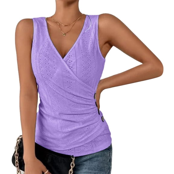 Meichang Womens Eyelet Tank Tops Deep V Neck Sleeveless Wrap Tops Fitted Ruched Shirts Solid Color Slim Fit Summer Vest Tank Tops for Work Purple S