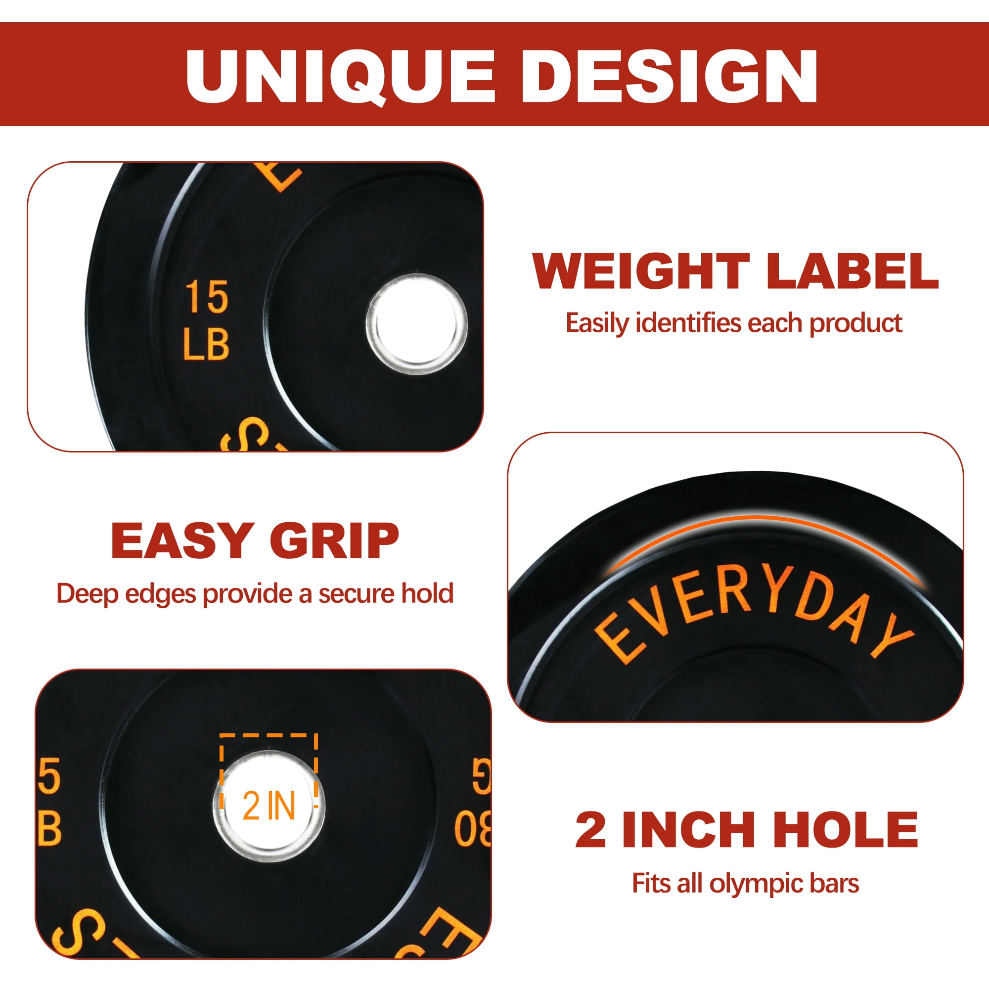 FlexWave 2-Inch Olympic Bumper Weight Plate，with Steel Hub, Black, Multiple Sizes，Single & Pair, for Strength Training & Home Gym