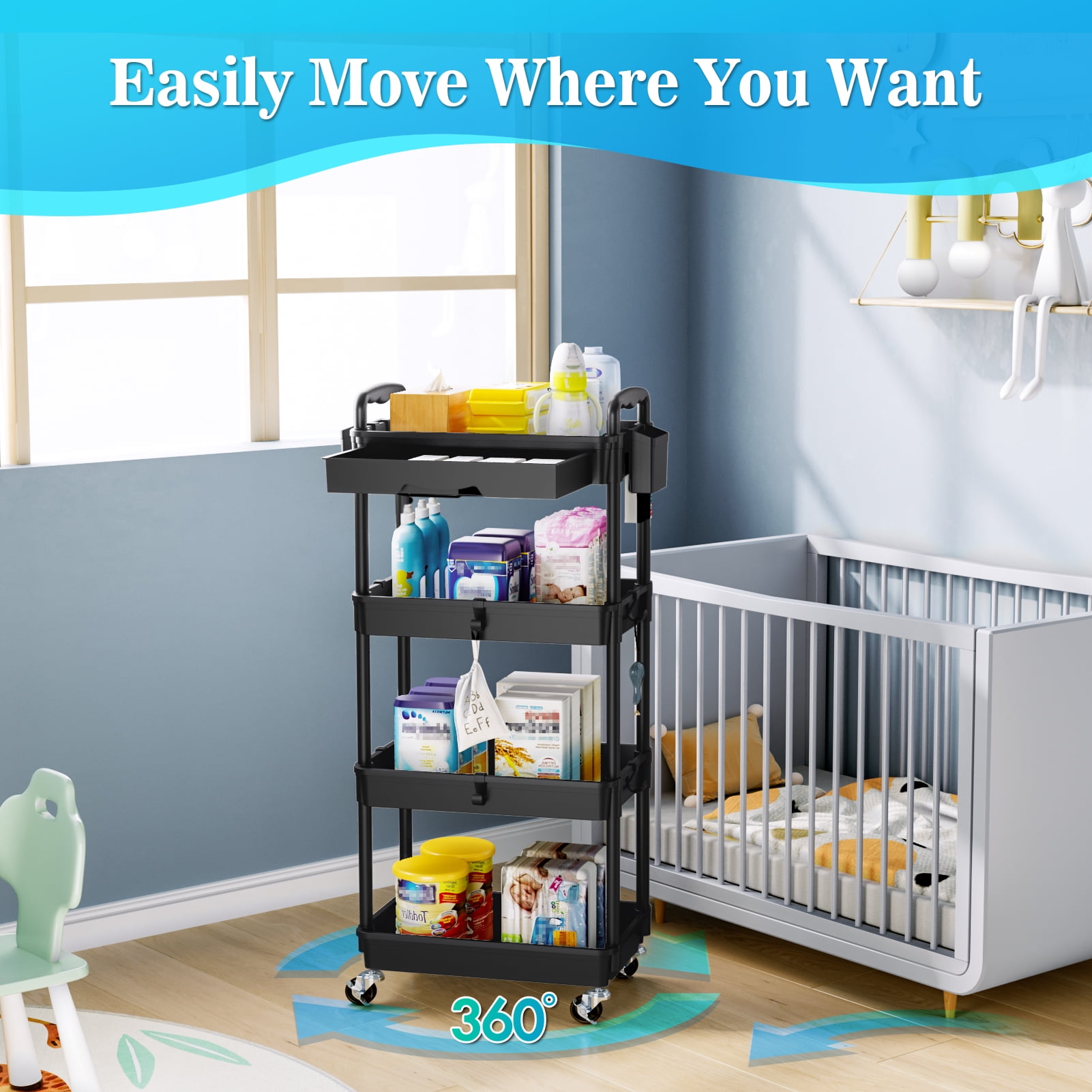4 Tier Rolling Utility Cart with Removable Drawer, Bathroom Storage Organizer with 2 Lockable Wheels, Mobile Shelving Unit for Kitchen, Office, Snack, Craft, Makeup, Baby Essentials, Black