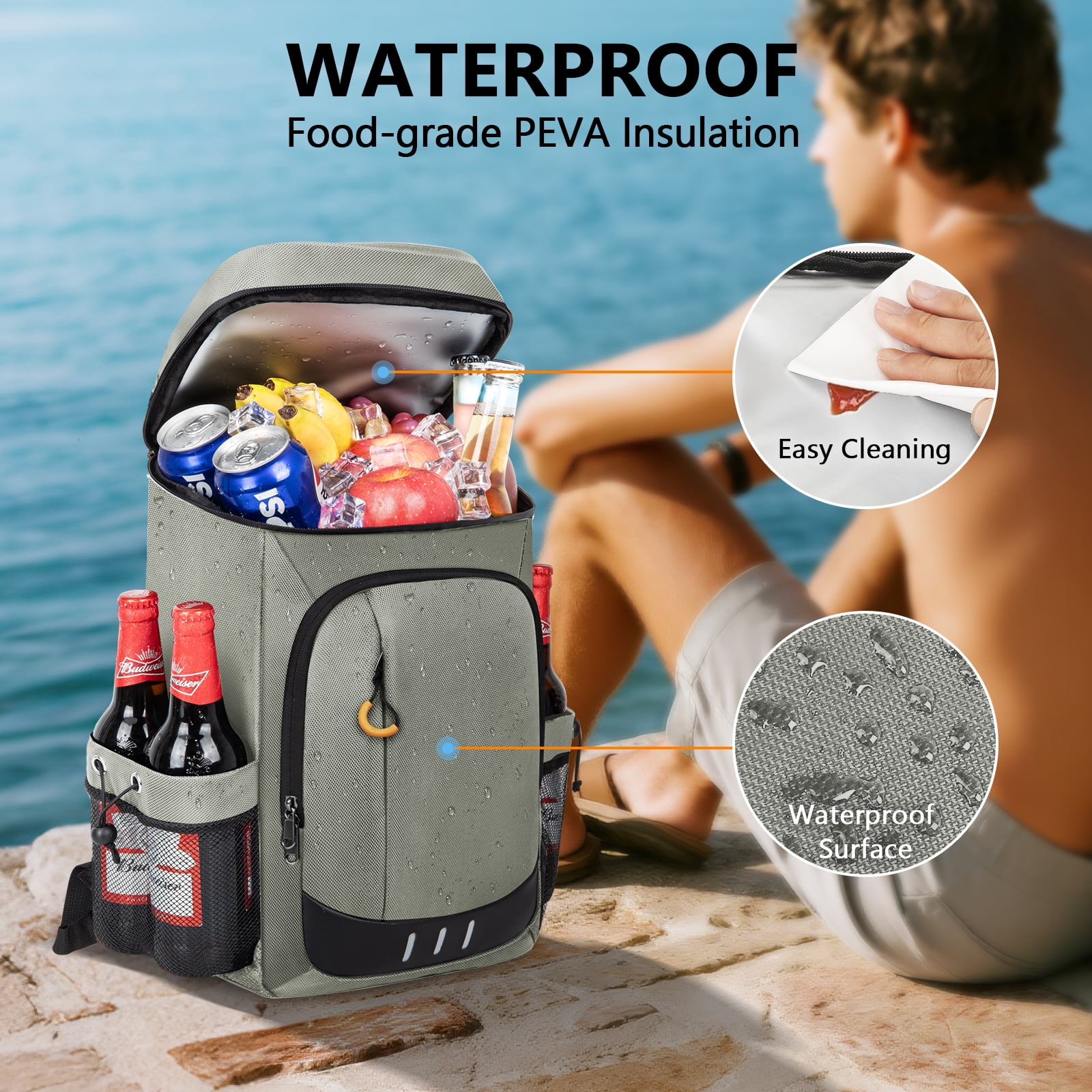 Cshidworld Cooler Backpack - 40 Cans Insulated Leak Proof Backpack Cooler Portable Picnic Camping Beach Hiking BBQ Cooler Bag for Men and Women, Gray