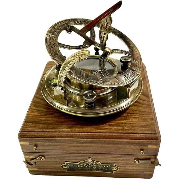 Engraved Brass Sundial Compass 5-Inch Large Sun Clock with Rosewood Case – Top-Grade Calibrated Vintage Nautical Gift, Perfect Unique Collectible for Him
