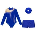 thumbnail image 5 of TiaoBug Kids Girls Long Sleeve Gymnastics Leotard with Shorts Hair Scrunchies Set Dance Biketard B Royal Blue 14, 5 of 7