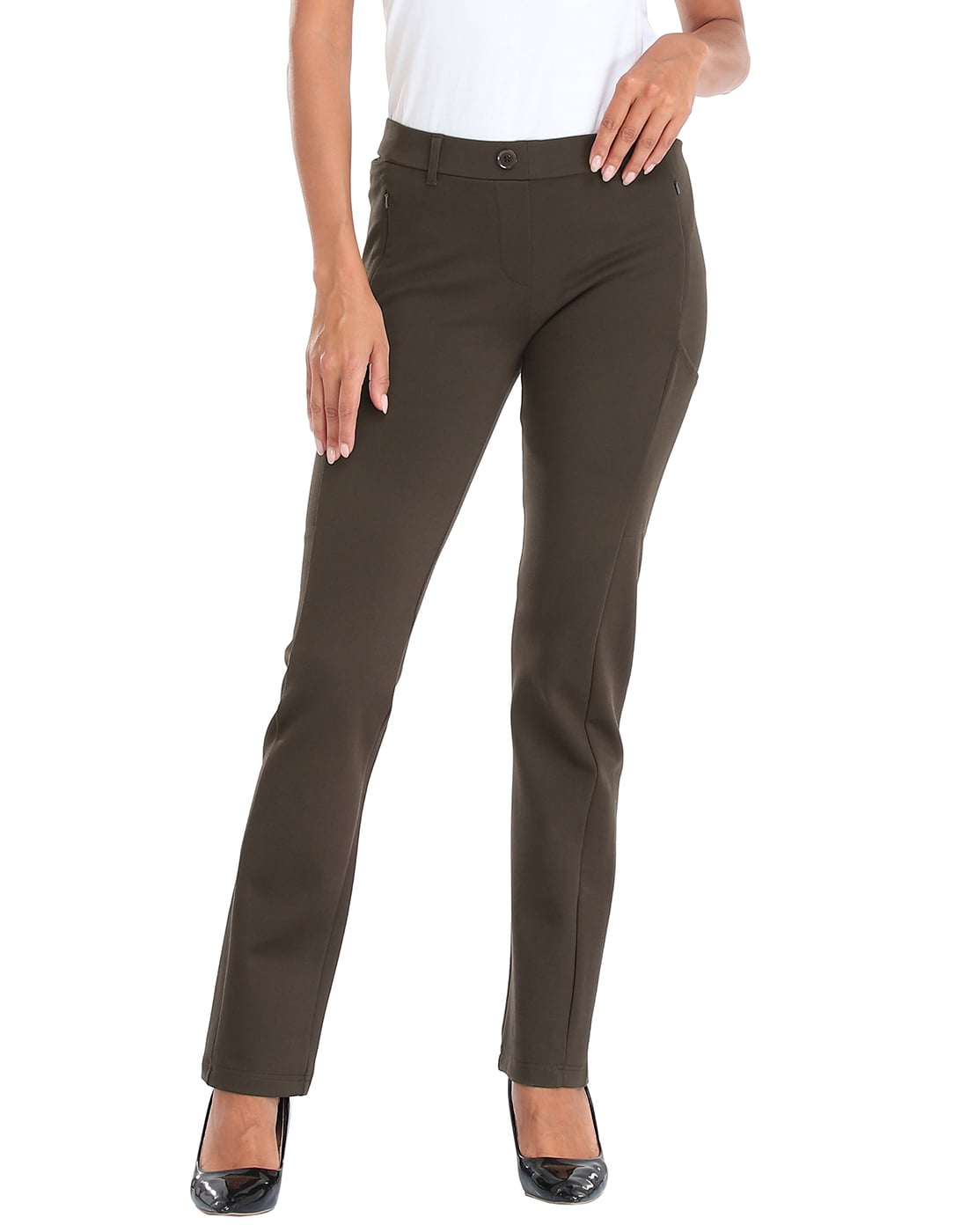 HDE Yoga Dress Pants for Women Straight Leg Pull On Pants with 8 Pockets  Brown - XL Regular