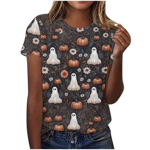 Witch Bat Cute Graphic T-Shirt for Women Crew Neck Short Sleeve Loose Casual Tops Fall Tees Multicolor M