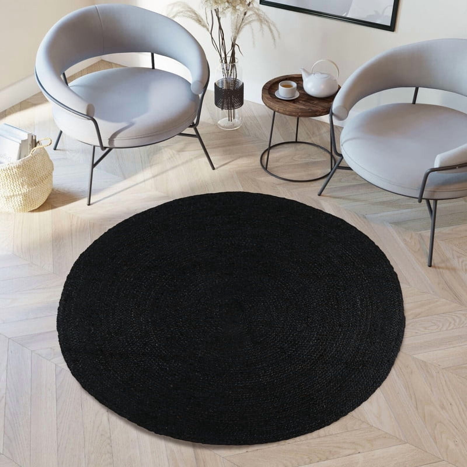 Round Natural Jute Rug, Rustic Boho Coastal Farmhouse Reversible Mat, Black Scalloped, 3 FT