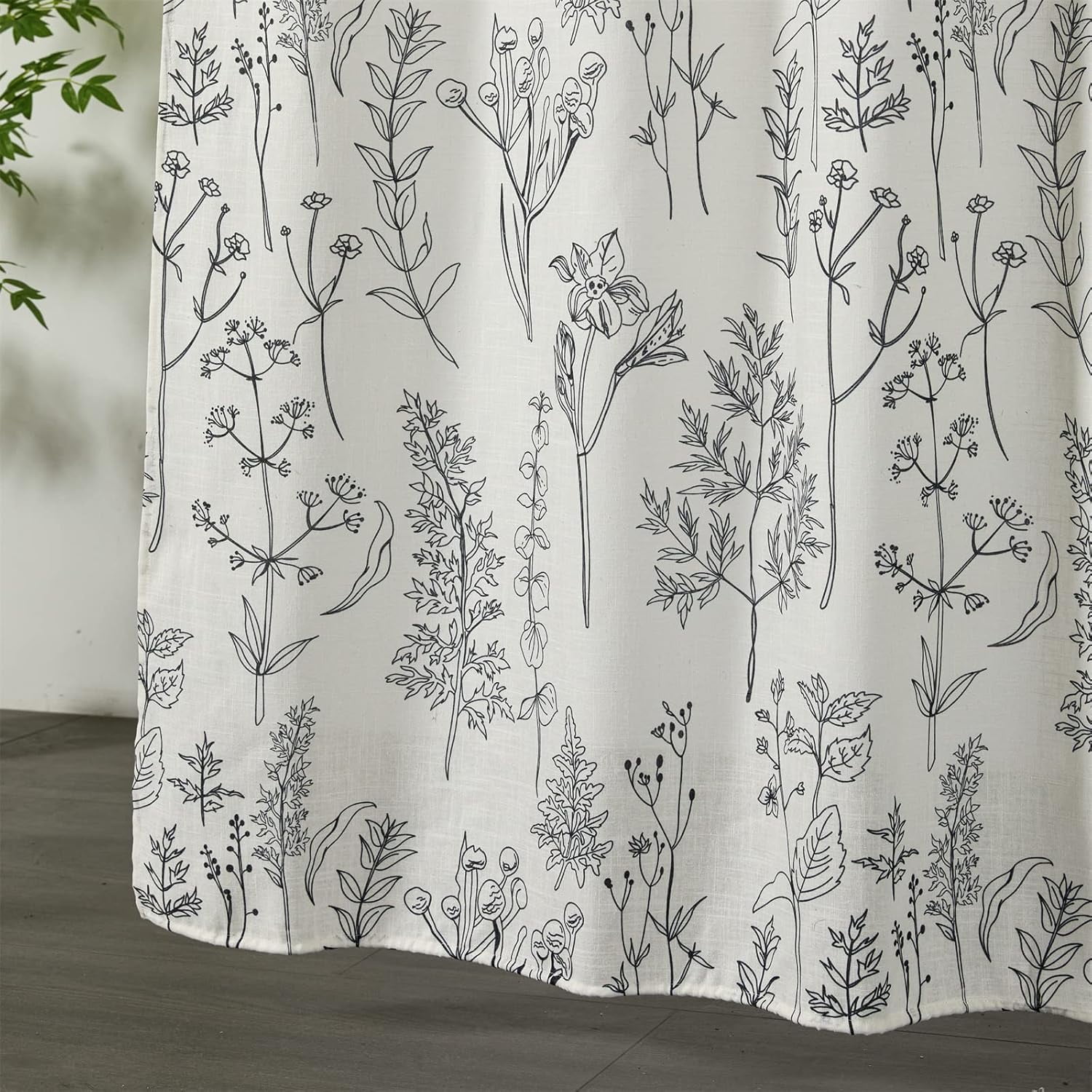 Vintage Botanical Linen Shower Curtain for Bathroom in Black and White, Heavy Duty 180GSM Textured Fabric Shower Curtain Set Cute Plant Leaves Design, Modern Farmhosue Boho Floral Bathroom Decor