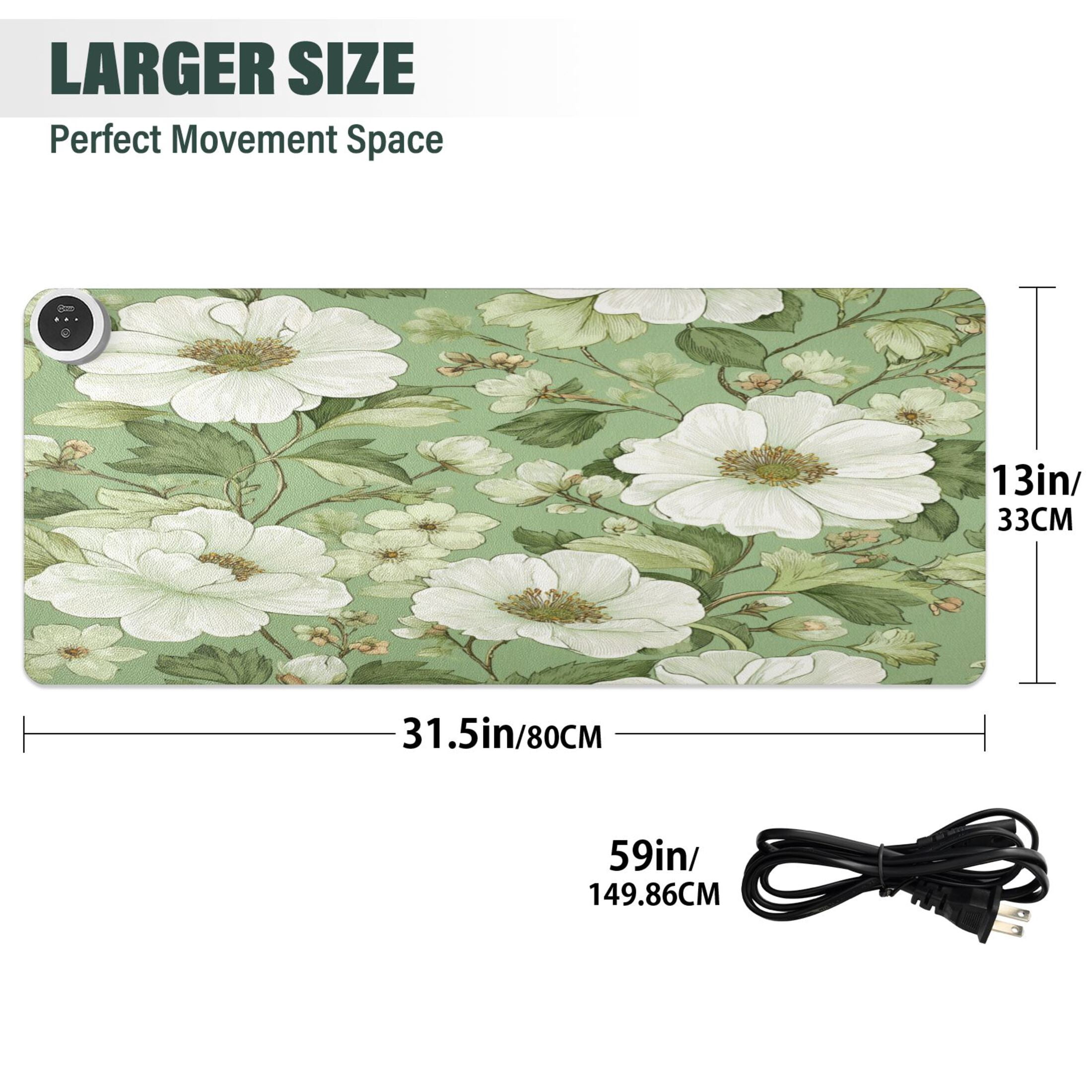 Large Heated Desk Mat Mouse Pad 31.5"x13"PU Leather Graphene Heating Desk Warmer with 3 Temperature Settings 110V US Plug Non-Slip Warm Pad for Home, Office, and Gaming Soft Green Floral Seamless