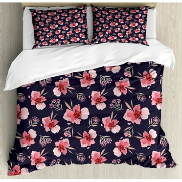 Watercolor Duvet Cover Set King Size, Nature Inspired Composition with Pink Garden Flora Vintage Artistic Petals, Decorative 3 Piece Bedding Set with 2 Pillow Shams, Navy Blue Coral, by Ambesonne