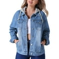 thumbnail image 1 of Chaqueta de mezclilla para mujer INSPIRE CHIC con capucha, de manga larga, desgastada, con botones y capucha desmontable, 2XL, azul, 1 of 6