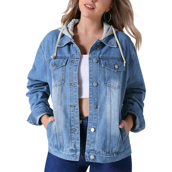 Chaqueta de mezclilla para mujer INSPIRE CHIC con capucha, de manga larga, desgastada, con botones y capucha desmontable, 2XL, azul