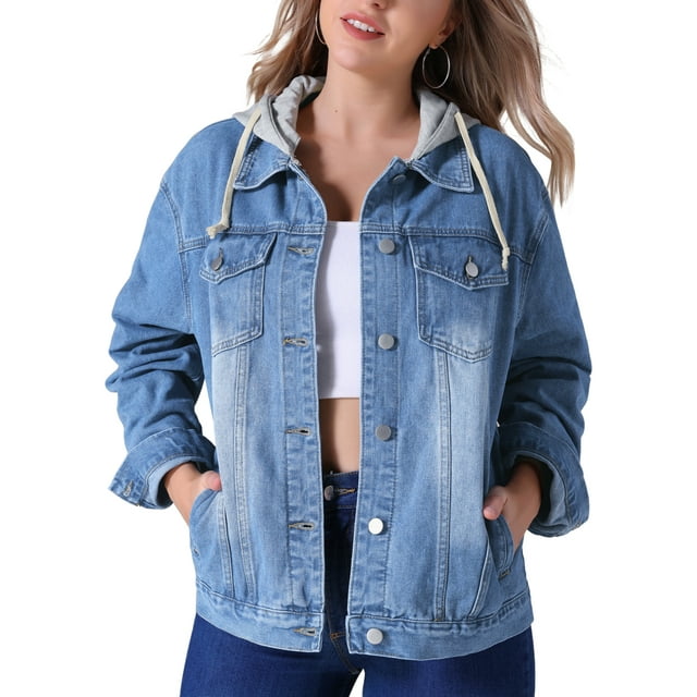 Chaqueta de mezclilla para mujer INSPIRE CHIC con capucha, de manga larga, desgastada, con botones y capucha desmontable, 2XL, azul