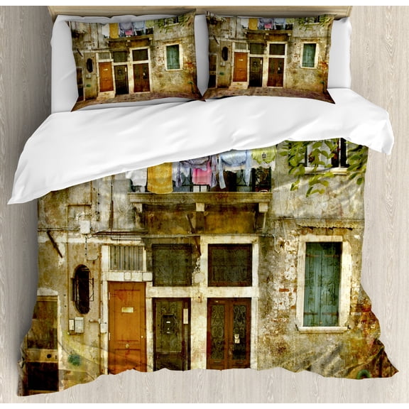 Venice Duvet Cover Set Queen Size, Old Weathered Building Facade with Hanged Clothes Murano Island Grunge Architecture, Decorative 3 Piece Bedding Set with 2 Pillow Shams, Multicolor, by Ambesonne