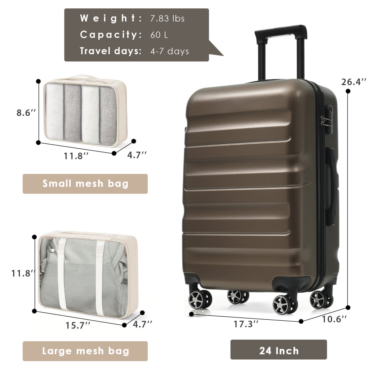 Hardshell ABS Luggage Set, 24-Inch Checked Suitcase with Spinner Wheels, Lightweight Travel Luggage with 2 Packing Cubes for Men & Women