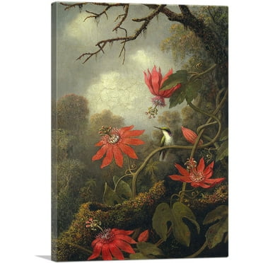 ARTCANVAS Hummingbird and Passionflowers 1885 Canvas Art Print by Martin Johnson Heade - Size: 26" x 18" (0.75" Deep)