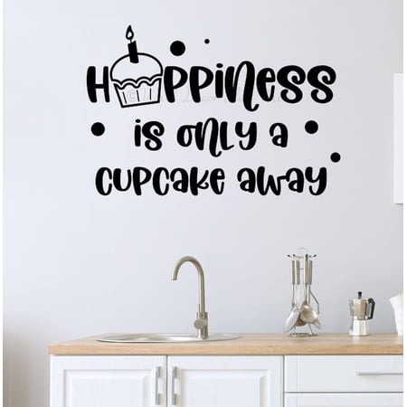 Happiness Is Only Cupcake Away Quotes Wall Decor for Cafe Dining Room Bakery - Die-Cut Vinyl Wall Art Lettering - Kitchen Wall Stickers - Funny Quote Decals for Wall 23x15.5 Black