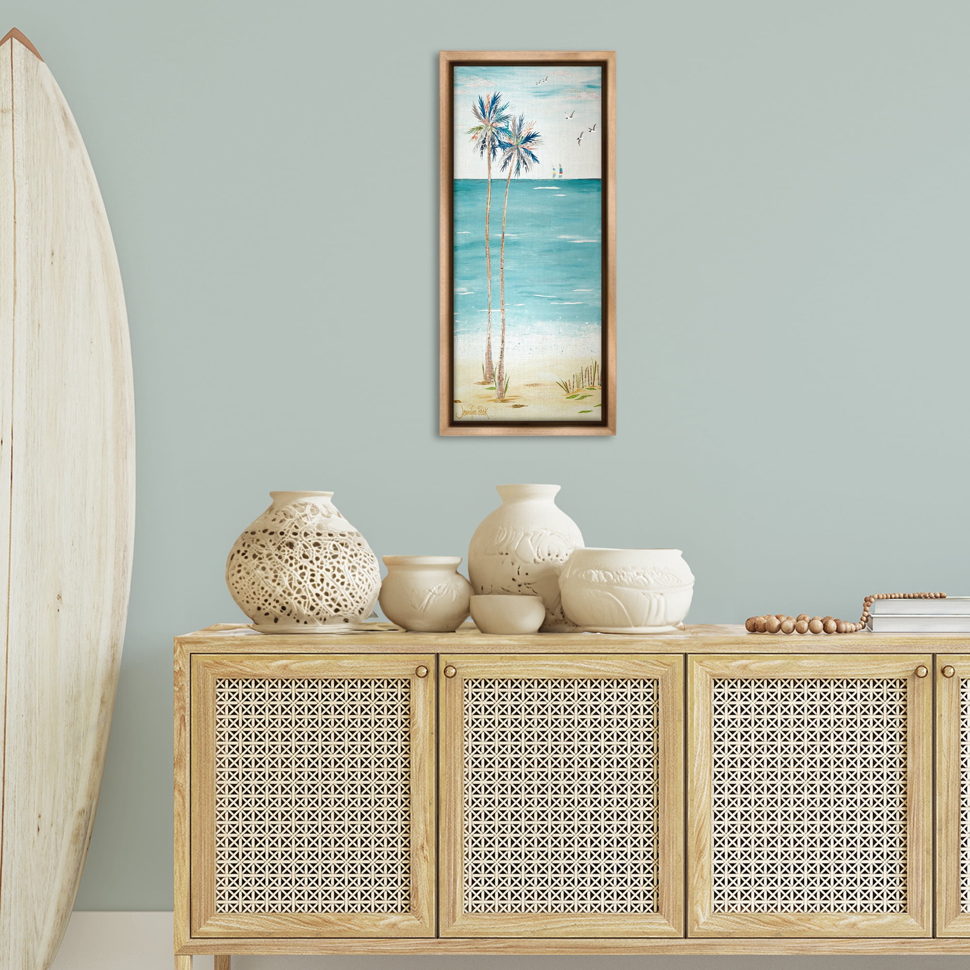Stupell Industries Palms & Distant Boats Landscape Painting Brown Floater Framed Canvas Art Print Wall Art, 15 x 31