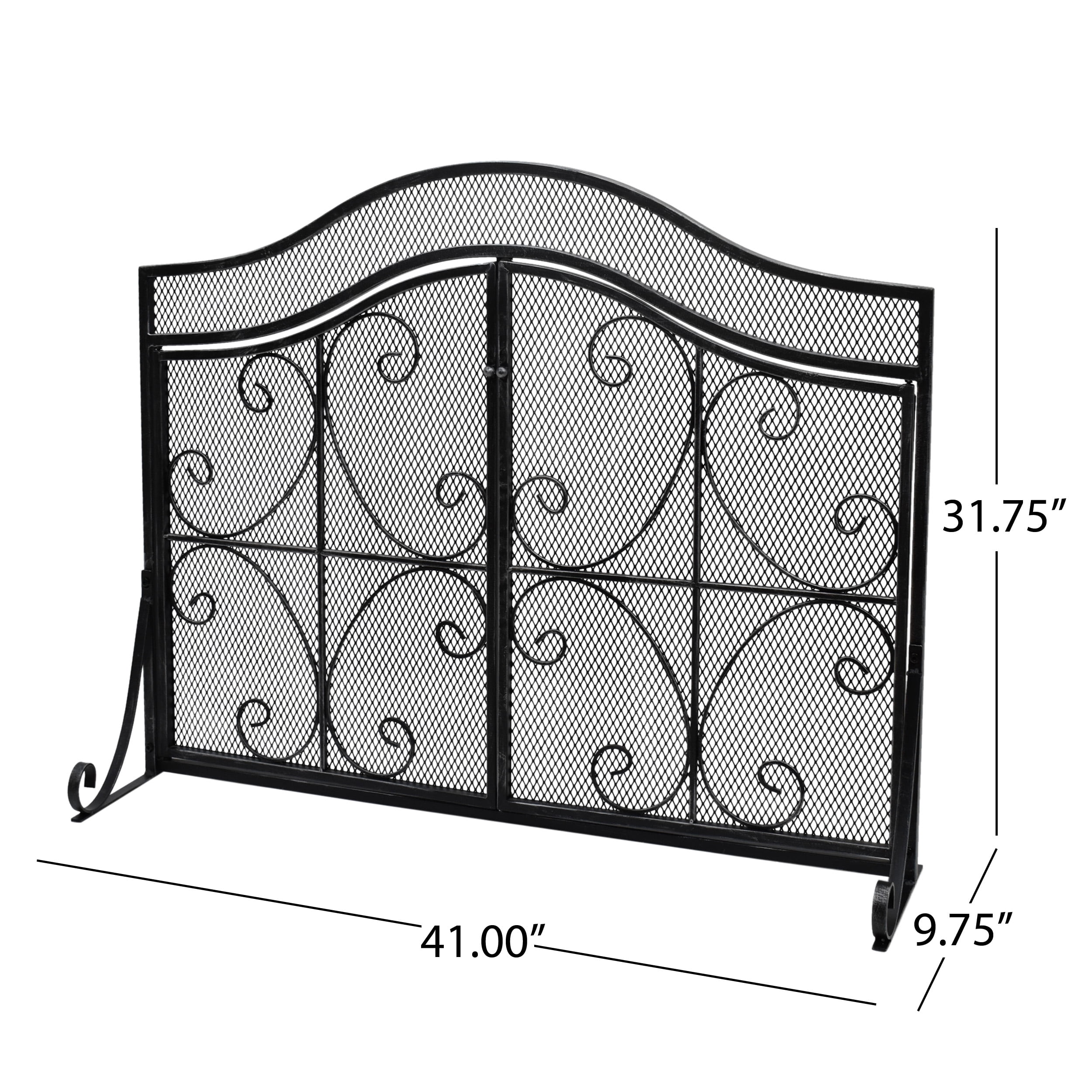 Noble House Karter Modern Three Panel Iron Firescreen with Door, Black Silver Finish