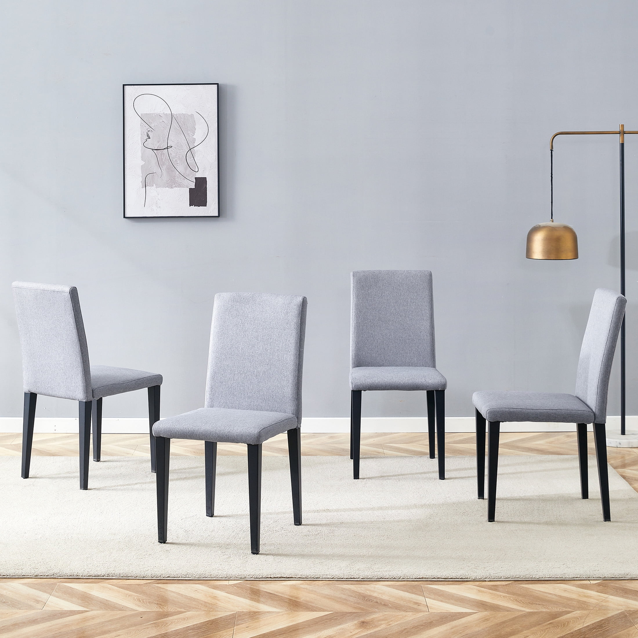 Noble House 35.4" Dining Chairs, Linen-Cotton Upholstered, Black Metal Legs, Breathable Comfort, Light Gray, Set of 4