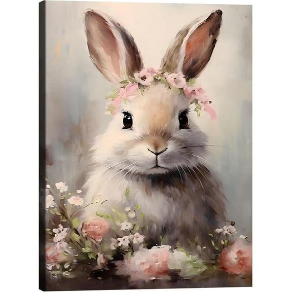 Aaheei Easter Bunny Floral Wreath Canvas Art, Vintage Rabbit Aesthetic Picture Posters Canvas Wall Decor Artwork Painting Ideal for Living Room, Home Office, Bedroom, Cafe Decor