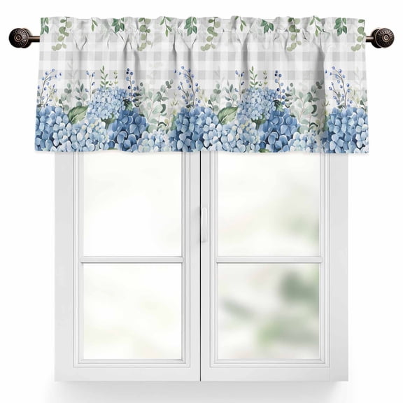 Hydrangeas Kitchen Valances for Windows Vintage Farmhouse Floral Gray Plaid Rod Pocket Curtain Valances for Living Room Bedroom Cafe Window Treatment, 1 Panel, 42x18 Inch