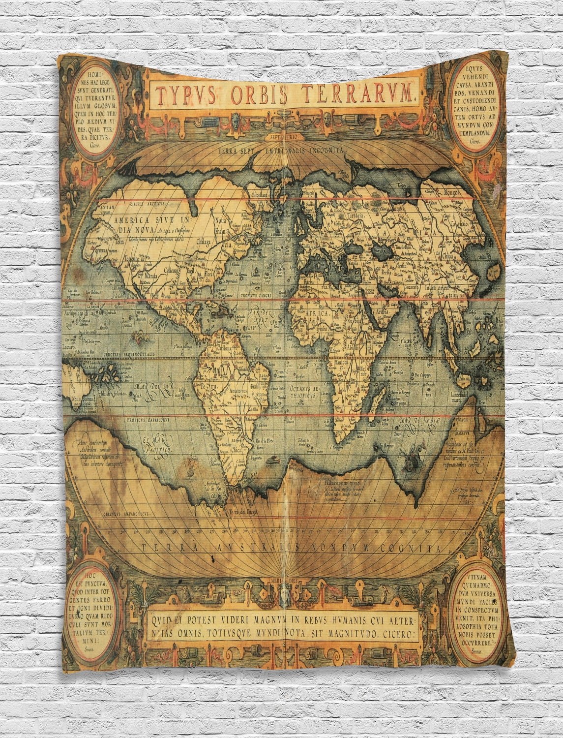 World Map Tapestry, Ancient Old Chart Vintage Reproduction of 16th