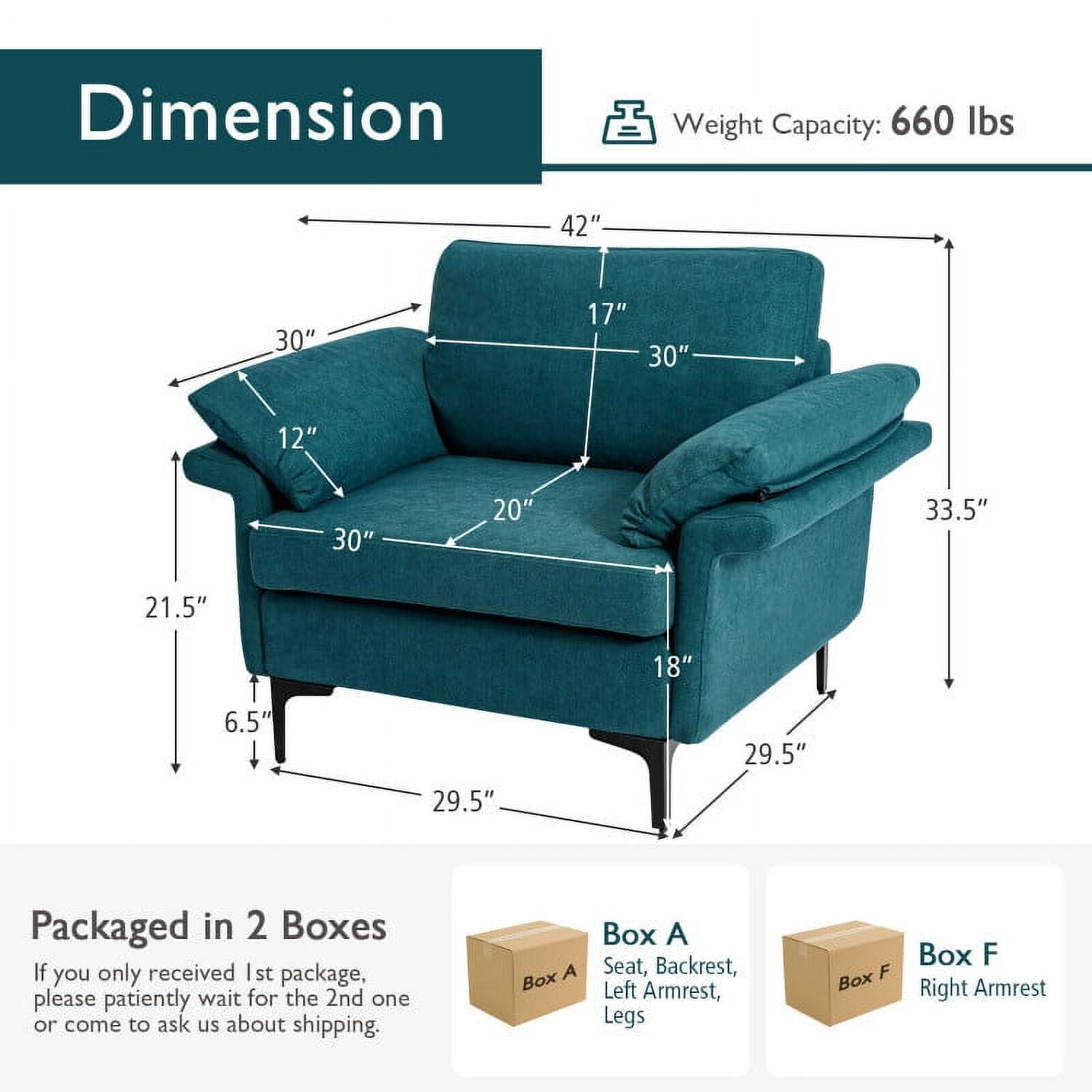 Finihen Upholstered Accent Armchair, Modern Fabric Accent Armchair with Original Distributed Spring and Armrest Cushions, for Living Room, Bedroom, Peacock Blue