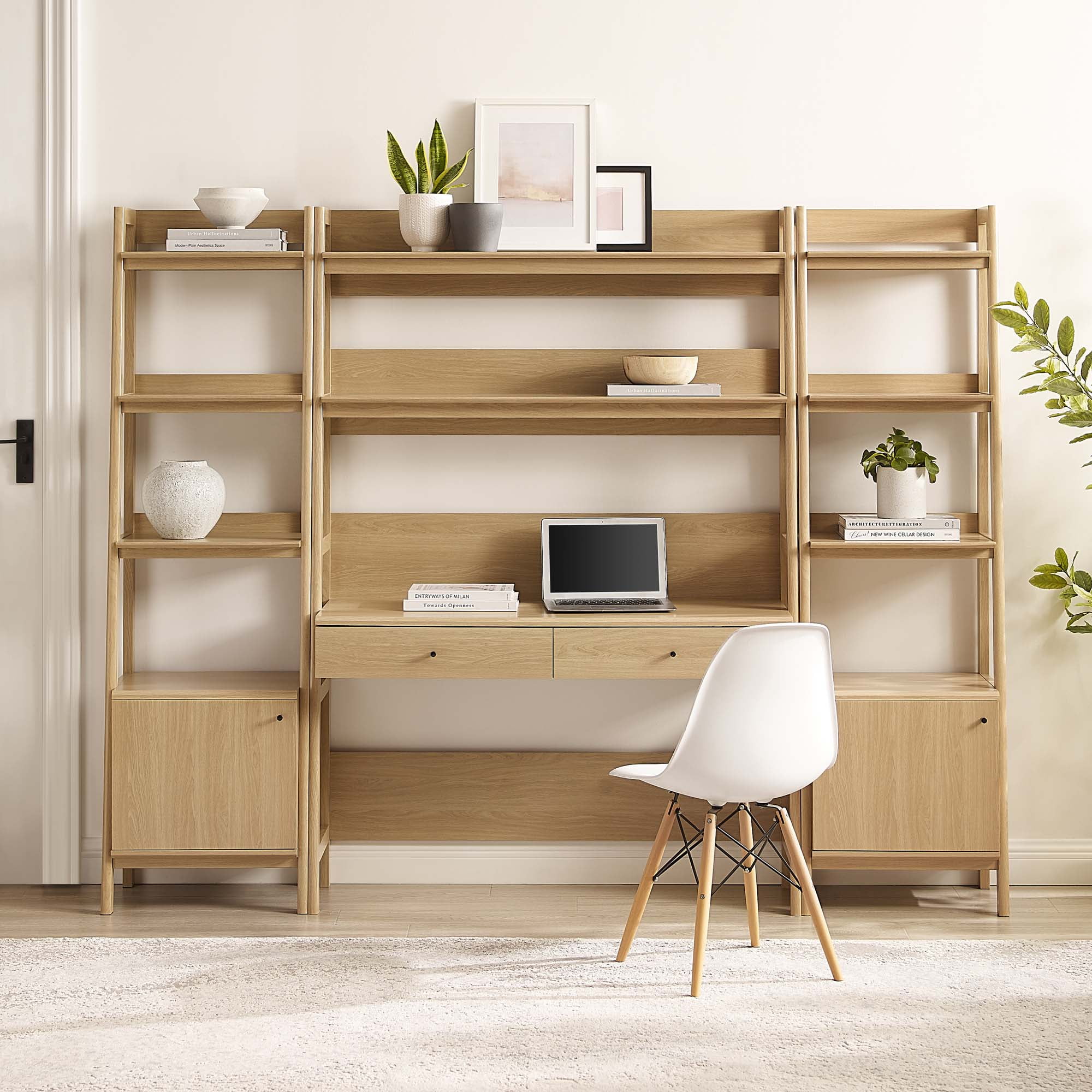 Modway Bixby 3-Piece Wood Office Desk and Bookshelf in Oak