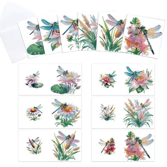 6pcs Diamond Painting Kit Greeting Card, Dragonfly Lotus 5D DIY Diamond Handmade Holiday Greeting Card with Envelope, Christmas Gift Congratulation