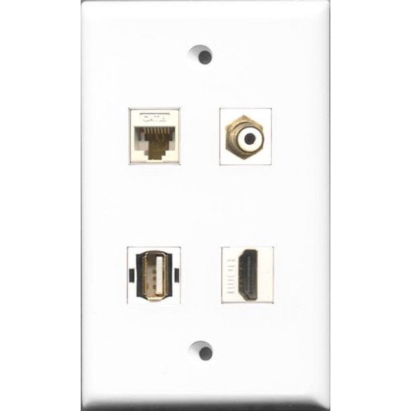 RiteAV 1 Port HDMI and 1 Port RCA White and 1 Port USB A-A and 1 Port Cat6 Ethernet White Wall Plate