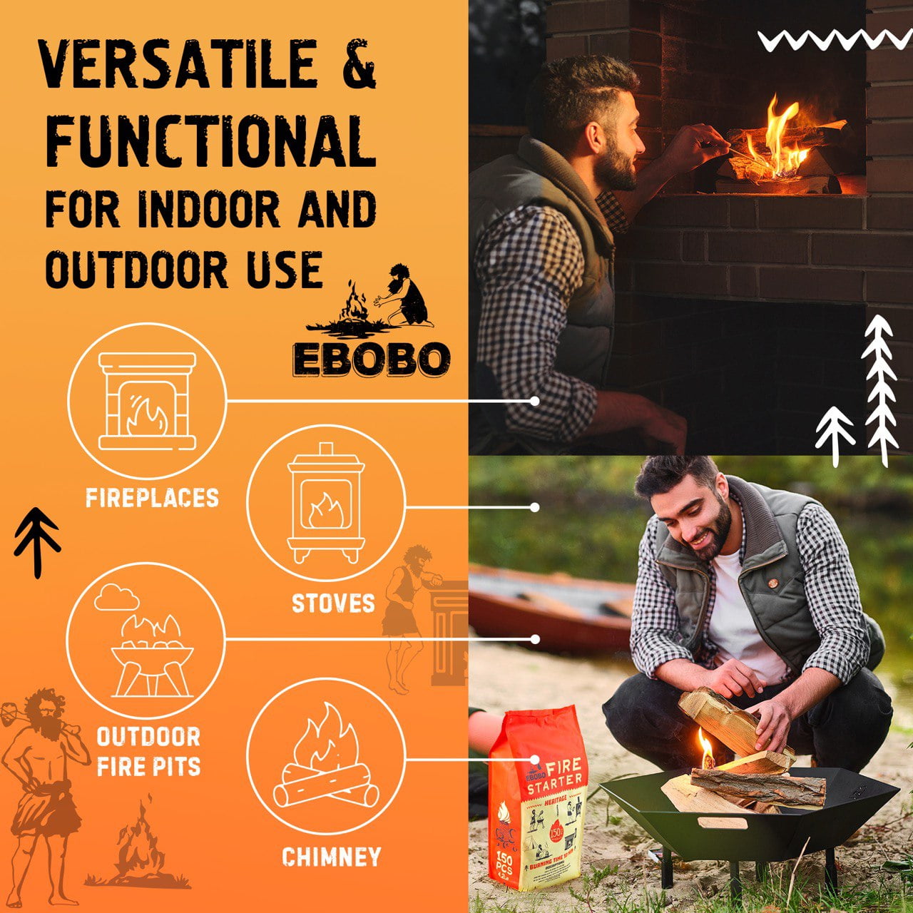 Ebobo - Natural Fire Starter, 150 Firelighters, 10 Min Burn Time