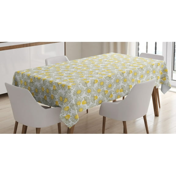 Apothecary Tablecloth, Spring Chamomile Petals Bloom Seasonal Field Daisy Bouquet Pattern, Rectangular Table Cover for Dining Room Kitchen, 60 X 84 Inches, Yellow and Sage Green, by Ambesonne