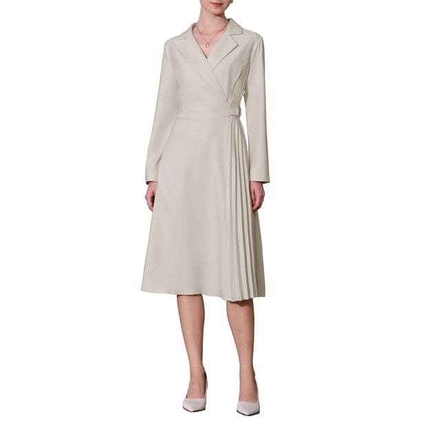 Vestido midi plisado de línea A con cuello de solapa para mujer Inspire Chic, de manga larga, color beige