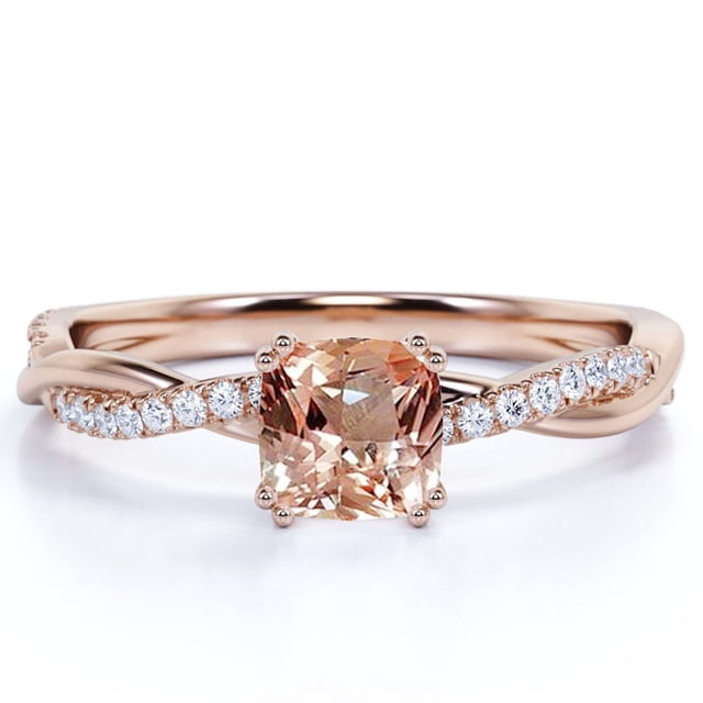 JeenMata Anillo de Compromiso de Morganita Talla Cojín de 1,75 Quilates - Conjunto Nupcial - Conjunto de Trío Nupcial - Anillo Solitario - Anillo de Halo - Oro Rosa de 18 K sobre Plata