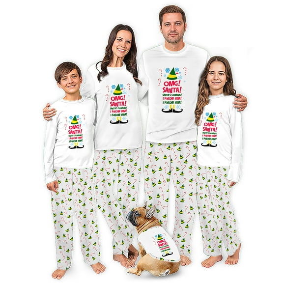 Family Matching Elf Themed Holiday Pajama Set, Festive Candy Cane and Hat Pattern with Pet Outfit