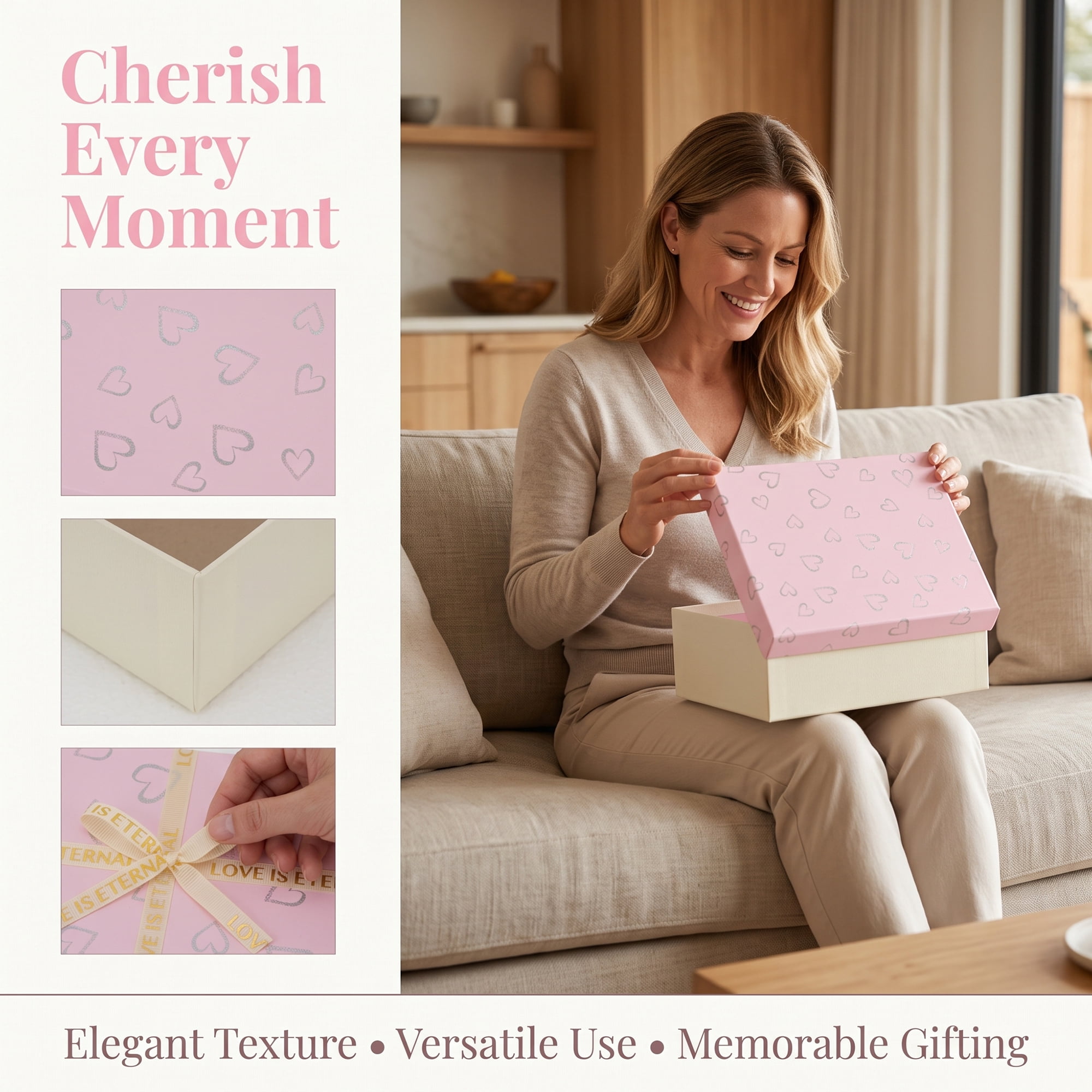Unique Bargains Elegant Rigid Gift Box with Printed Ribbon Pink 7.9" x 7.1" x 3.1"