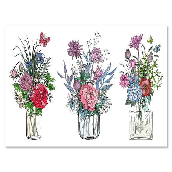 Designart ' Transparent Vases With Bouquets of Wildflowers I ' Farmhouse Canvas Wall Art Print
